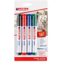 Edding 4500 Pack de 4 Rotuladores Permanentes para Textil - Punta Redonda - Trazo 2-3mm - Olor Neutro - Secado Rapido - Colores Negro, Verde, Rojo y Azul