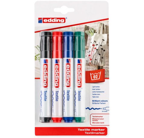 Edding 4500 Pack de 4 Rotuladores Permanentes para Textil - Punta Redonda - Trazo 2-3mm - Olor Neutro - Secado Rapido - Colores Negro, Verde, Rojo y Azul