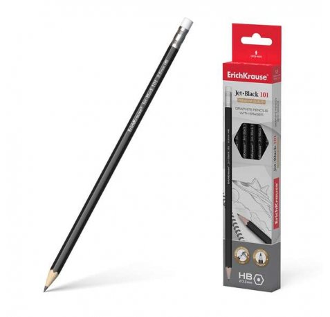 Erichkrause Jet - Lapiz de Grafito Hexagonal con Goma de Borrar - Resistente al Impacto - Color Negro (12 uds)