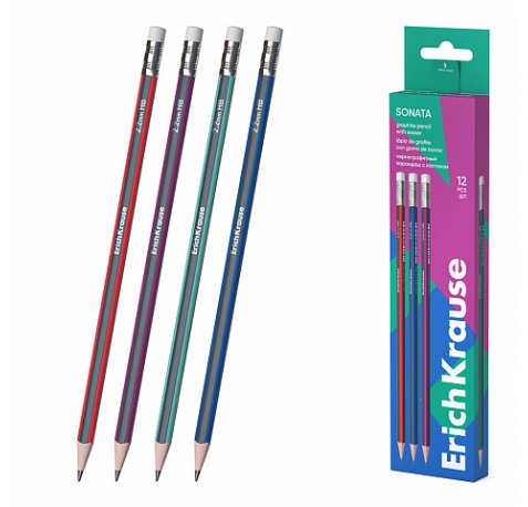 Erichkrause Sonata HB - Lapiz de Grafito Triangular con Goma de Borrar - Madera Seleccionada - Dureza HB - Resistente al Impacto - Facil Afilado - No Araña El Papel - Borrador de Dureza Media - Caucho Termoplastico Hipoalergenico - Color Negro (12 uds)