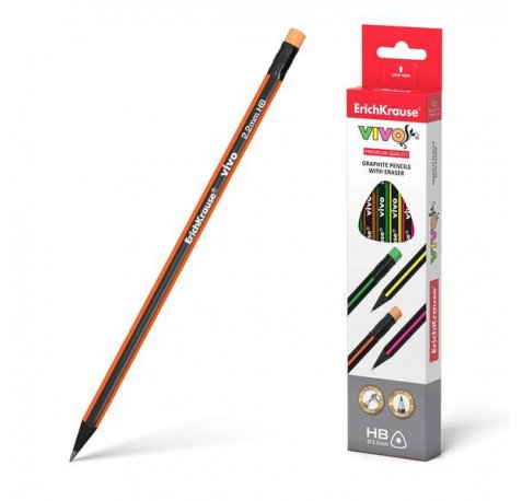 Erichkrause Vivo HB - Lapiz de Grafito Triangular con Goma de Borrar - Madera Seleccionada - Alta Resistencia al Impacto - Facil Afilado - Mina No Araña El Papel - Borrador de Dureza Media - Color Negro (12 uds)