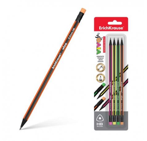 Erichkrause Vivo HB - Pack de 4 Lapices de Grafito Triangular con Goma de Borrar - Madera Seleccionada - Dureza HB - Resistente al Impacto - Facil Afilado - Mina No Araña El Papel - Borrador de Dureza Media - Caucho Termoplastico Hipoalergenico - Color N