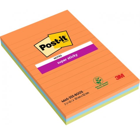 Post-It Super Sticky Pack de 3 Blocs de 45 Notas Adhesivas Reposicionables - Forma Rectangular - 101x152mm - Colores Surtidos