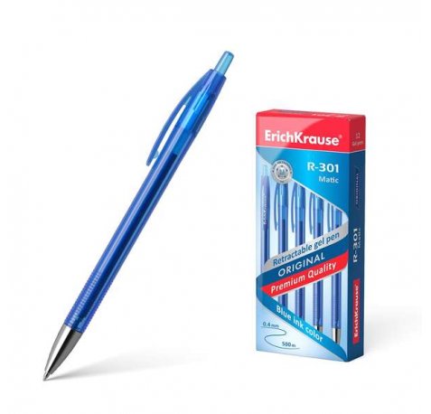 Erichkrause Boligrafo de Gel Automatico R-301 Original Gel Matic - Tinta de Gel de Secado Rapido - Cuerpo Transparente con Grip Perfilado - Color Azur (12 uds)
