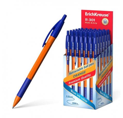 Erichkrause Boligrafo Automatico R-301 Naranja Matic&Grip 07 - Cuerpo Hexagonal Opaco - Grip de Goma - Punta de 07mm - Tinta de Secado Rapido - Color Azur (50 uds)