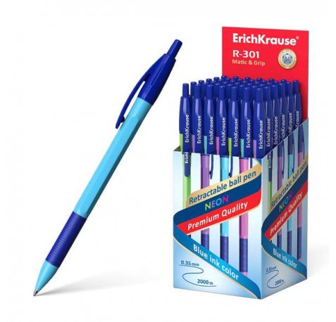 Erichkrause Boligrafo Automatico R-301 Neon Matic&Grip 0.7 - Cuerpo Hexagonal Neon - Punta de 0.7mm - Tinta de Secado Rapido - Color Azul (50 uds)
