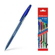 Erichkrause Pack de 4 Boligrafos R-301 Original Stick 07 - Punta de 07mm - Tinta de Secado Rapido - Cuerpo Hexagonal con Grip - Color Azul