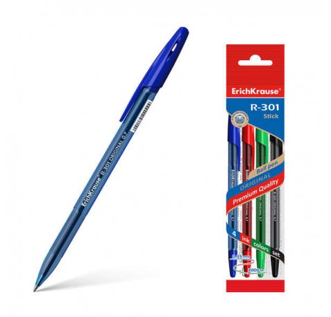 Erichkrause Pack de 4 Boligrafos R-301 Original Stick 07 - Punta de 07mm - Tinta de Secado Rapido - Cuerpo Hexagonal con Grip - Color Azul