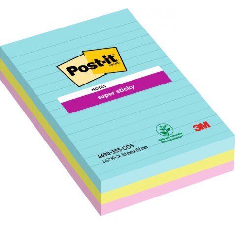 Post-It Super Sticky Pack de 3 Blocs de 90 Notas Adhesivas Reposicionables - Forma Rectangular - 101x152mm - Colores Surtidos