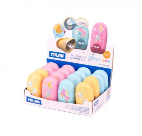 Milan Capsule Roller Expositor de 16 Afilaborras Capsule con Goma de Borrar - Cuchilla de Seguridad - Colores Azul, Rosa y Amarillo