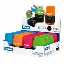 Milan Compact Fluo Expositor de 16 Afilaborras - Uso Estandar y Maxi - Cuchilla de Acero - Goma de Borrar - Cuchilla de Seguridad - Colores Surtidos Milan Compact Fluo Expositor de 16 Afilaborras - Uso Estandar y Maxi - Cuchilla de Acero - Goma de Borrar - Cuchilla de Seguridad - Colores Surtidos
