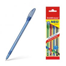 Erichkrause Pack de 4 Boligrafos Neo Original - Punta de Aguja Sofisticada Fine Tip - Cuerpo Redondo Translucido Mate - Tinta en Colores Azul, Negro, Rojo, Verde - Color Del Cuerpo Coincide con La Tinta