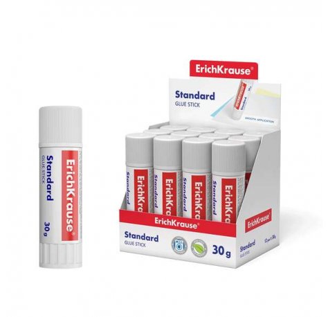 Erichkrause Pegamento en Barra Standard - 30G - Expositor 12 uds. - Pegado Rapido y Confiable - Facil de Aclarar con Agua - No Toxico - sin Disolventes - Resistente al Frio - Apto para Papel, Carton y Fotografias - Color Blanco (12 uds)