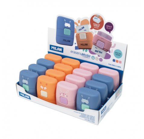 Milan Compact Fun Animals Expositor con 16 Gomas de Borrar con Cepillo - Colores Surtidos
