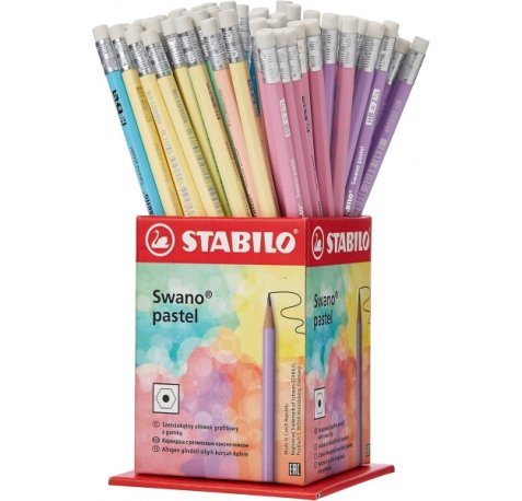 Stabilo Swano Pastel Expositor con 72 Lapices de Grafito HB de 2.2mm con Goma - Mina Antirrotura - Forma Hexagonal - Colores Pastel