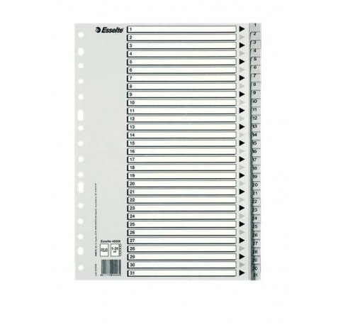 Esselte Bolsa de 25 Indices Numericos de Plastico - Pestañas 1 al 31 - Multitaladro - Formato Folio - Color Gris
