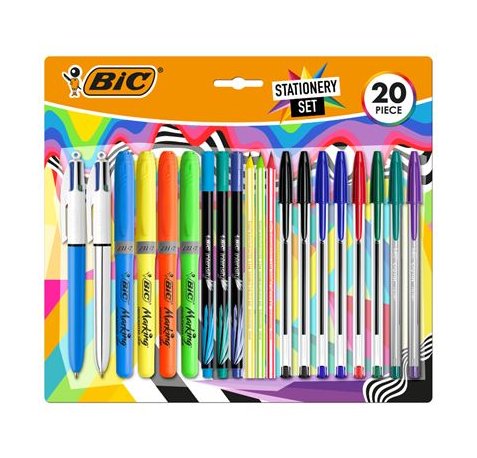 Bic Escritura Multicolor Pack de 20 Piezas Variadas - 6 Bic Cristal Original, 2 Bic Cristal Fun, 2 Bic 4 Colores, 3 Bic Intensity Fine, 4 Bic Highlighter Grip y 3 Bic Evolution Stripes HB