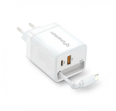 Energy Sistem Retractable Charger Cargador GaN 20W - 1x USB-C PD, 1xUSB-A + Cable USB-C 60cm Retractil - Carga Inteligente y Rapida - Control de Temperatura y Sobretension - Color Blanco