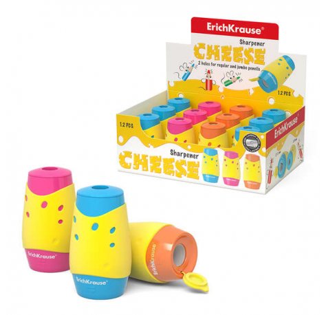 Erichkrause Sacapuntas Cheese Dos Orificios - con Contenedor - Diseño de Queso - Orificios de 8mm y 11mm - Hoja de Acero al Carbono - Color Amarillo (12 uds)