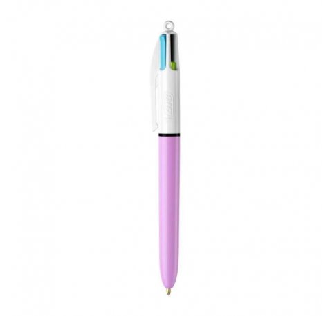 Bic 4 Colours Fun Boligrafo de Bola Retractil - Punta Media de 1.0mm - Tinta con Base de Aceite - Tinta de Colores: Rosa, Morado, Turquesa y Verde Lima - Cuerpo Lila/Blanco (12 uds)