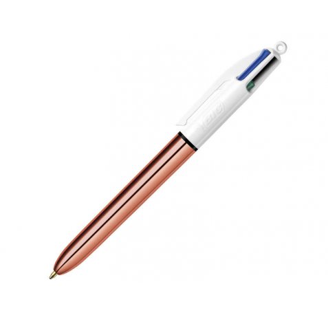 Bic 4 Colours Rose Gold Boligrafo de Bola Retractil - Punta Media de 1.0 mm - Tinta con Base de Aceite - Cuerpo Rosa Metalizado/Blanco (12 uds)