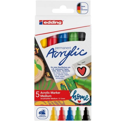Edding 5100 Acrylic Pack de 5 Rotuladores Permanentes Acrilicos - Punta Redonda 2-3mm - Trazo Medio - Resistente a la Luz - Secado Rapido - Colores Surtidos