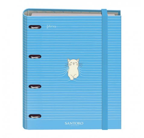Dohe Santoro Felines Carpeta de 4 Anillas Formato A4 con Recambio de 100 Hojas - 4 Separadores de Colores - Cierre con Goma Elastica - Anillas de 35mm
