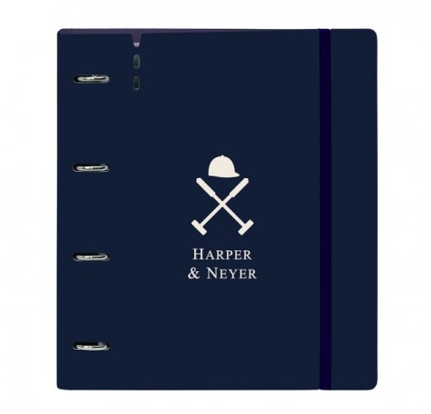 Safta Harper and Neyer Carpeta con 4 Anillas 35mm - Tapas de PP Foam - Recambio 100 Hojas - Cierre Elastico - Ranura para Boligrafo - Incluye Separadores - 270x40x320mm - Color Azul Marino