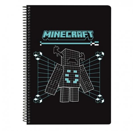 Safta Minecraft Screen Libreta con Espiral - Formato Cuarto - 80 Hojas de 80g/m2 - Cuadricula 4x4mm - Tapas Duras Glasofonadas - 15.5x22x1cm - Color Negro