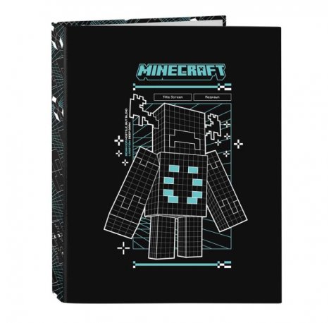 Safta Minecraft Screen Carpeta de 4 Anillas de 25mm - Formato Folio - Tapas Duras Forradas - 26.5x33x4cm - Color Negro