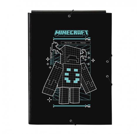 Safta Minecraft Screen Carpeta de 3 Solapas - Formato Folio - Cierre con Gomas Elasticas - Tapas Duras Forradas - 26x33.5x2.5cm - Color Negro