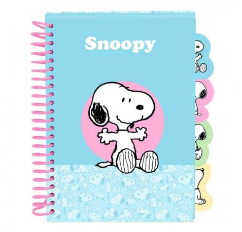 Safta Snoopy Bloc de Notas - Formato A5 - 80 Hojas de 80 g/m2 - Espiral - Tapas Duras - 4 Separadores Interiores - 14.8x2.1cm - Color Azul Claro