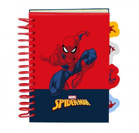 Safta Spider-Man Bloc de Notas - Formato A6 - 80 Hojas de 80 g/m2 - Espiral - Tapas Duras - 4 Separadores Interiores - 10.5x14.8cm - Color Rojo y Azul