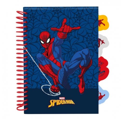 Safta Spider-Man Bloc de Notas - Formato A5 - 80 Hojas de 80 g/m2 - Espiral - Tapas Duras - 4 Separadores Interiores - 14.8x2.1cm - Color Azul Marino