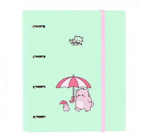 Safta Pembe The Pink Cat Carpeta con 4 Anillas 35mm - Tapas Duras Forradas - Recambio 100 Hojas - Cierre Elastico - Incluye Separadores - 270x35x320mm - Color Menta
