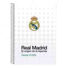 Safta Real Madrid Equipacion 26/27 Libreta con Espiral - Formato Cuarto - 80 Hojas de 80g/m2 - Cuadricula 4x4mm - Tapas Duras Glasofonadas - 15.5x22x1cm - Color Blanco