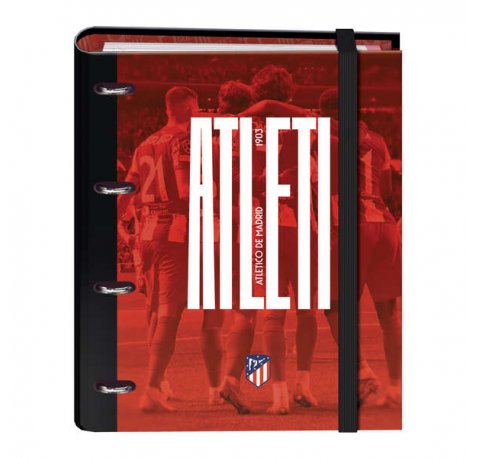 Dohe Atletico de Madrid Atleti Carpeta de 4 Anillas Formato A4 con Recambio de 100 Hojas - 4 Separadores de Colores - Cierre con Goma Elastica - Anillas de 35mm