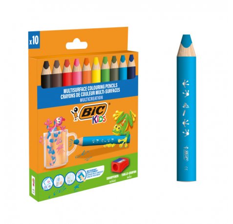 Bic Kids Multisuperficie Pack de 10 Lapices de Colores + Sacapuntas - Cuerpo Triangular - Minas Borrables en Superficies No Porosas - Colores Surtidos