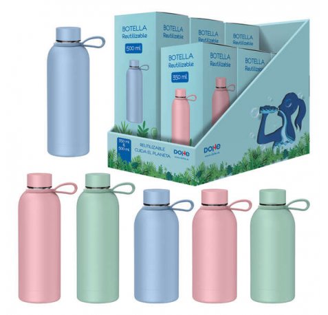 Dohe Expositor de 6 Botellas Reutilizables 3x 500ml y 3x 350ml - Acero Inoxidable de Doble Pared - Libre de BPA - Tapon Hermetico Antigoteo de Acero Inoxidable - Recubierta de Caucho - Colores Surtidos