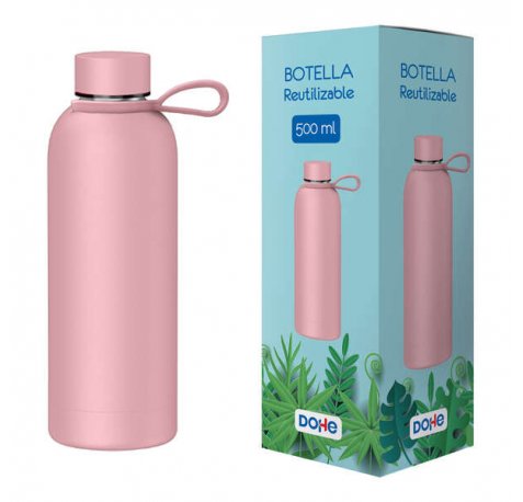 Dohe Botella Reutilizable 500ml - Acero Inoxidable de Doble Pared - Libre de BPA - Tapon Hermetico Antigoteo de Acero Inoxidable - Recubierta de Caucho - Color Rosa