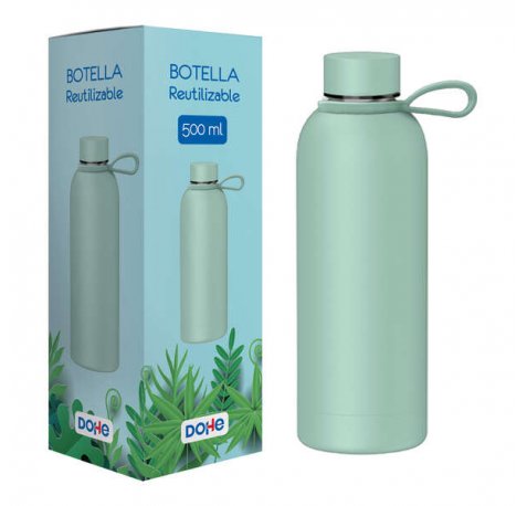 Dohe Botella Reutilizable 500ml - Acero Inoxidable de Doble Pared - Libre de BPA - Tapon Hermetico Antigoteo de Acero Inoxidable - Recubierta de Caucho - Color Verde