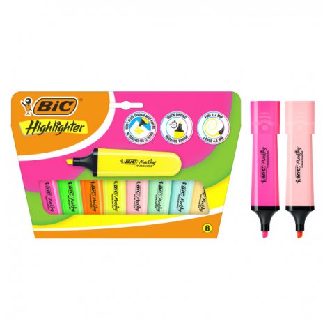 Bic Marking Highlighter Flat Pack de 8 Marcadores Fluorescentes - Punta Biselada - Trazo entre 1.20 y 4.60 mm - Tinta con Base de Agua - Color Surtidos Neon y Pastel