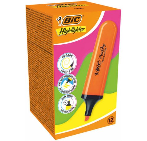 Bic Marking Highlighter Flat Marcador Fluorescente - Punta Biselada - Trazo entre 1.70 y 4.80 mm - Tinta con Base de Agua - Color Naranja (12 uds)
