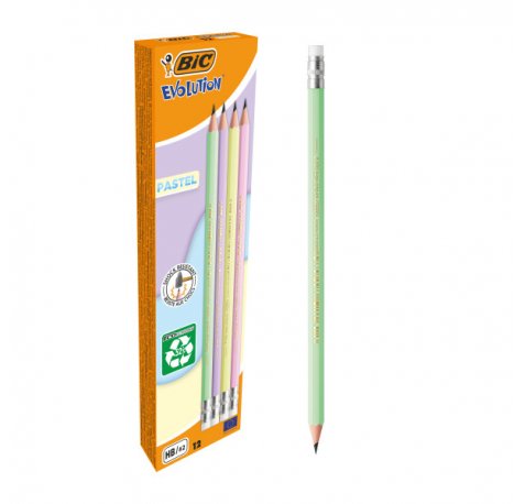 Bic Evolution Pastel Lapiz de Grafito Hexagonal con Goma - Mina HB Ultrarresistente - Sin Madera - No se Astilla - Colores Pastel (12 uds)