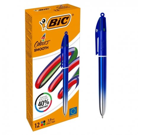Bic 4 Colours Smooth Gradient Azul Boligrafo de Bola Retractil - Punta Media de 1.0mm - Escritura un 40% mas Suave - 4 Colores (12 uds)