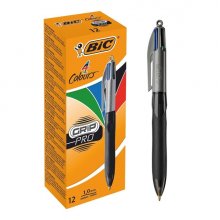 Bic 4 Colours Grip Pro Boligrafo de Bola Retractil - Punta de 1mm - Trazo de 0.4mm - Tinta con Base de Aceite - Cuerpo Negro con Grip de Agarre - 4 Colores (12 uds)