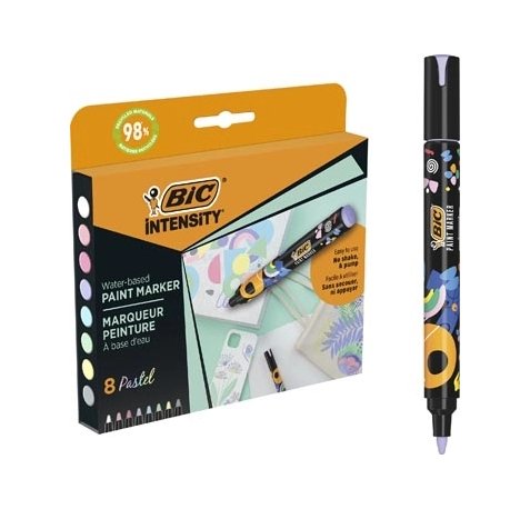 Bic Intensity Pack de 8 Marcadores de Pintura - Punta Media - Tinta con Base de Agua - 98% de Materiales Reciclados - Colores Pastel Surtidos