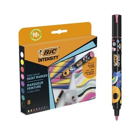 Bic Intensity Pack de 8 Marcadores de Pintura - Punta Media - Tinta con Base de Agua - 98% de Materiales Reciclados - Colores Surtidos