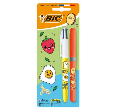 Bic 4 Colours Decors Kawaii Pack con 1 Boligrafo de Bola Retractil + 1 Marcador Highlighter Grip Fluor de Color Aleatorio - Punta Media de 1.0mm - Tinta con Base de Aceite - Cuerpo Decorado con Dibujos Kawaii - Colores Surtidos
