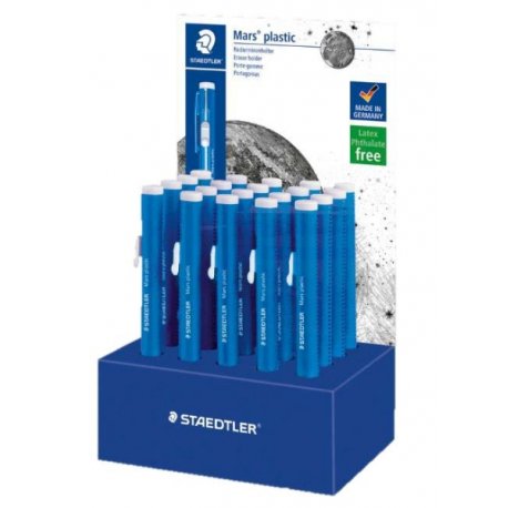 Staedtler Mars Plastic 528 50 Expositor con 20 Portagomas en Forma de Lapiz - Con Cursor para Deslizar la Goma - Sin Ftalatos ni Latex